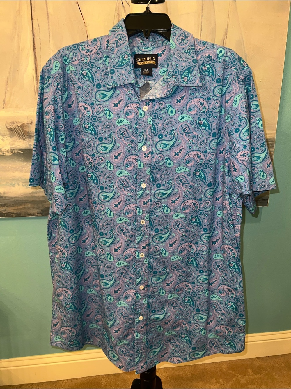 NWT Daniel Cremieux Turquoise & Blue Paisley Short Sleeve Button-Up, XL Tall